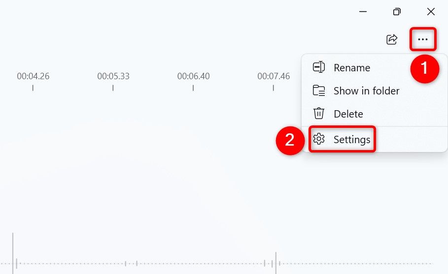 The three-dots and 'Settings' highlighted in Sound Recorder.