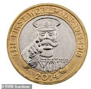 Worth a mint: A £2 Lord Kitchener coin minted in 2014 is set to fetch as much as £800 at an auction on Wednesday