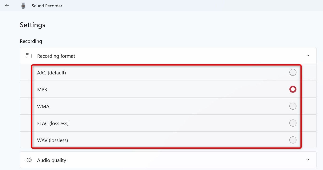 Audio formats highlighted in Sound Recorder's Settings.