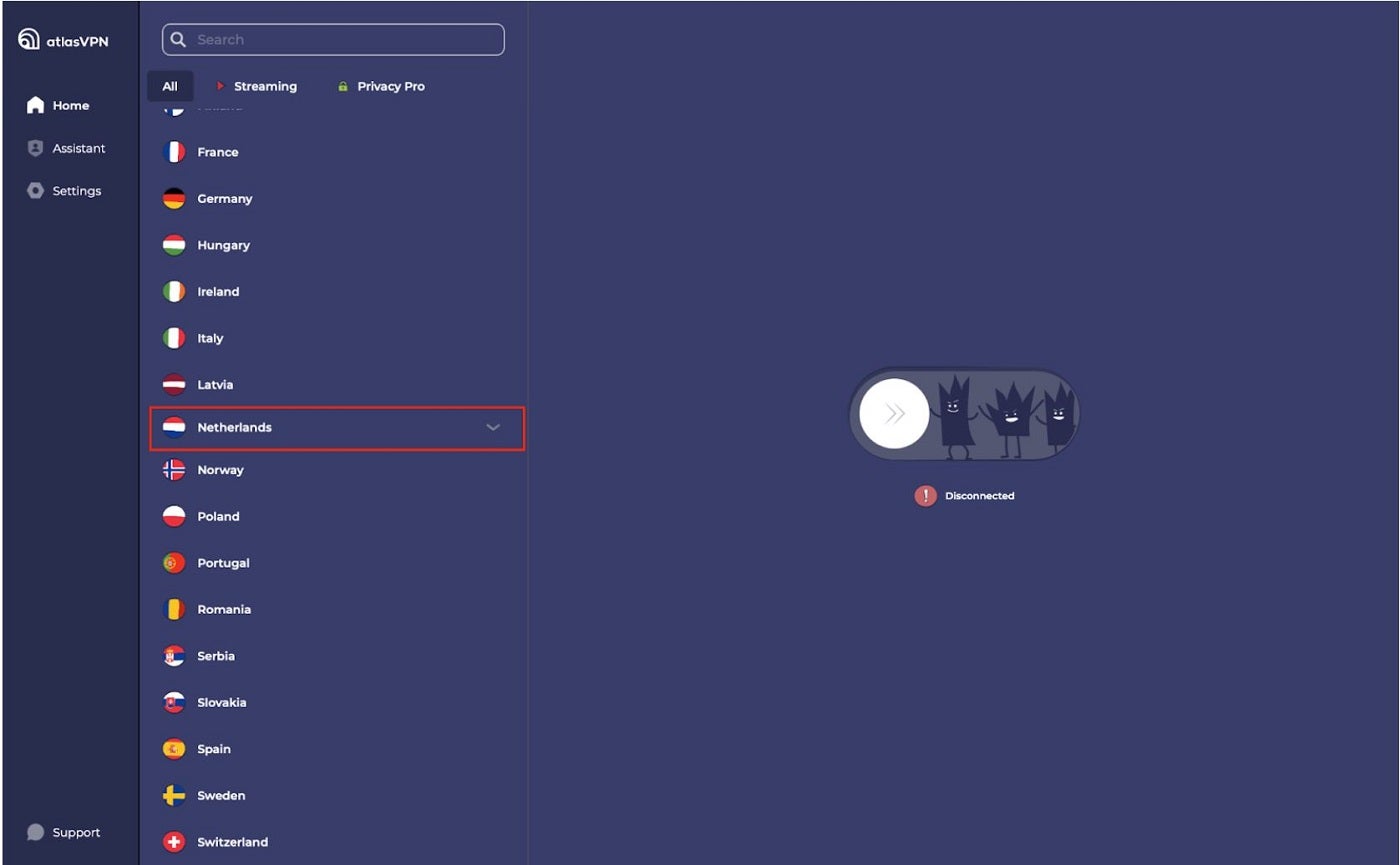 Atlas VPN server locations.