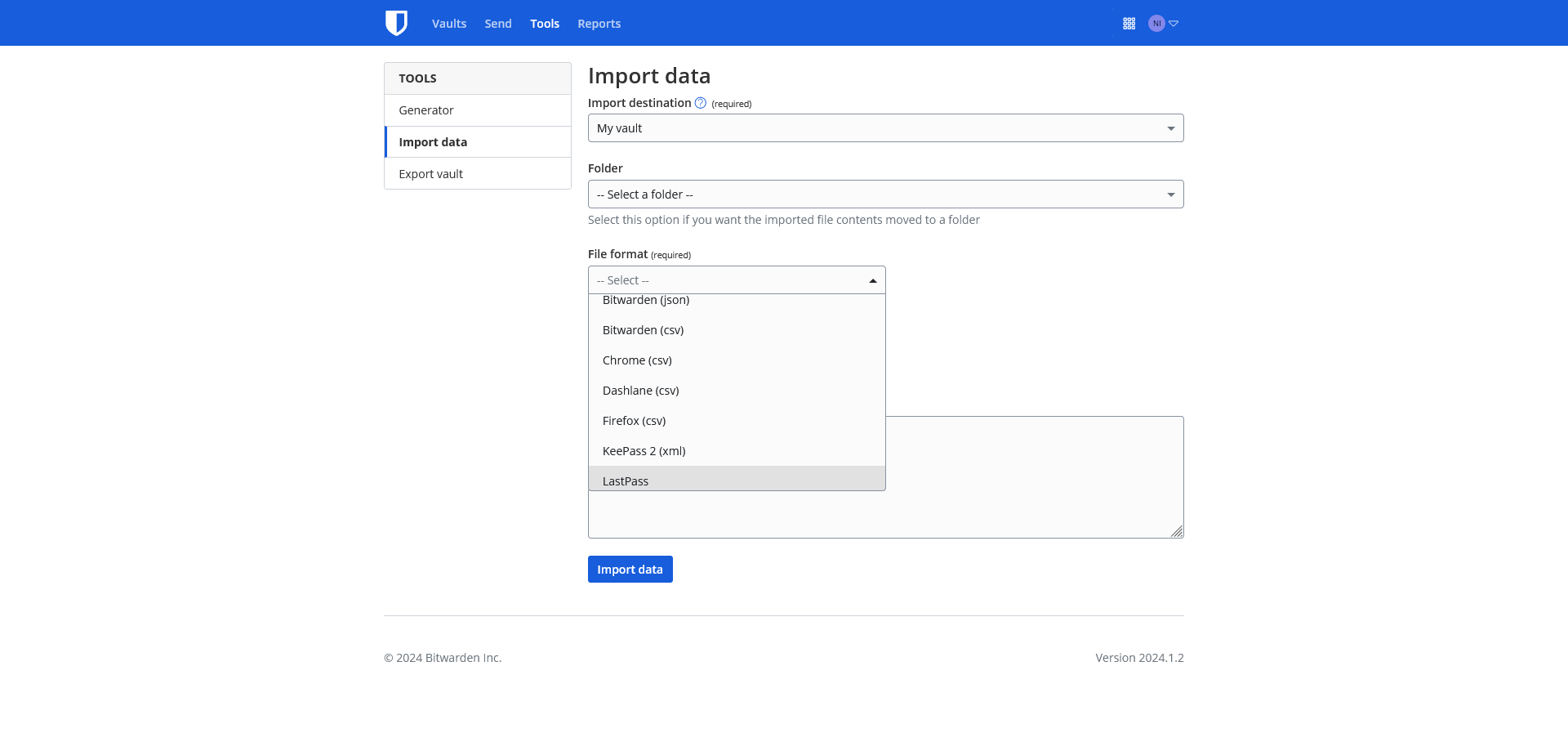 Bitwarden data import feature