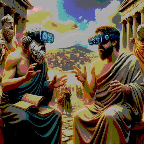 An AI-generated image of Socrates and Plato chatting in mixed reality.