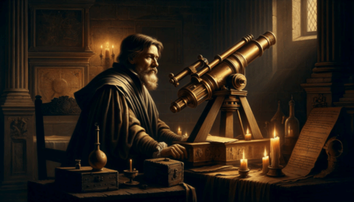 Galileo looks through a telescope in a Medieval-style digital artwork.