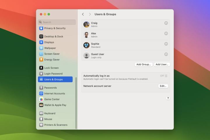 The Settings app in macOS Sonoma showing a list of users on a Mac.