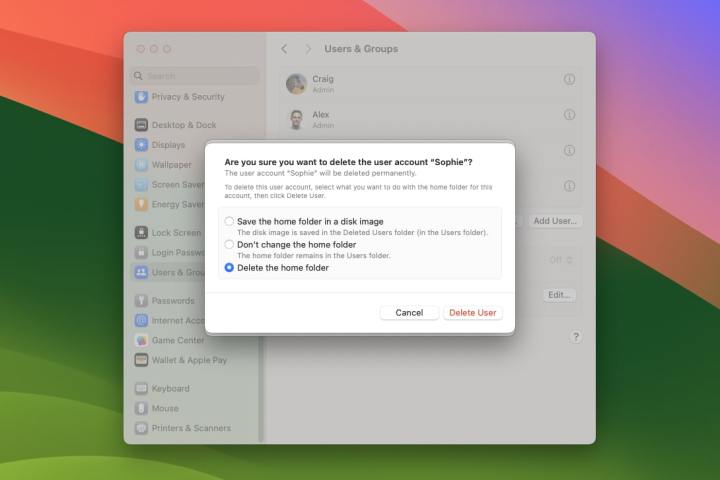 The Settings app in macOS Sonoma showing an option to delete a Mac user's account.