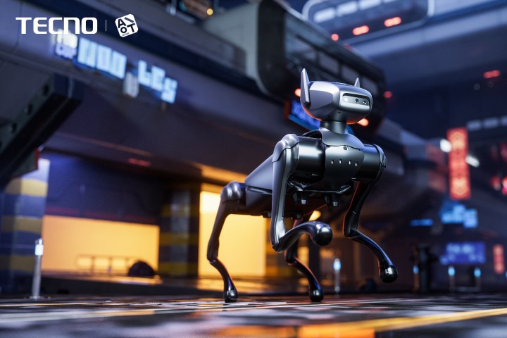 The Tecno Dynamic 1 robot dog on a cyberpunk background.