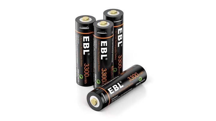 The EBL batteries on a white background.