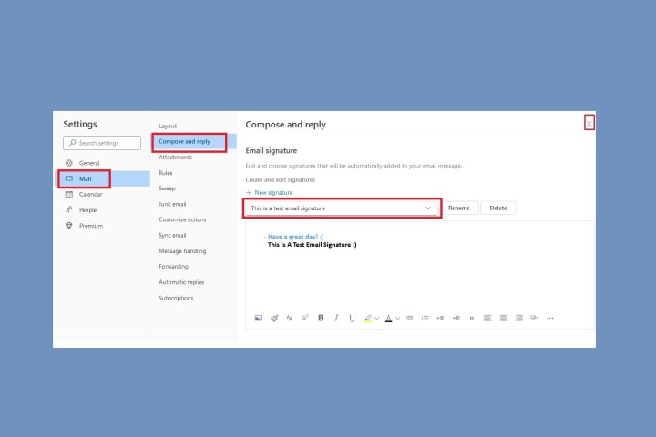 Editing a signature on Outlook on the Web.