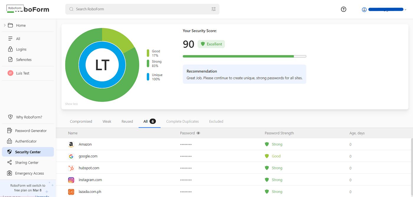 RoboForm’s Security Center dashboard.