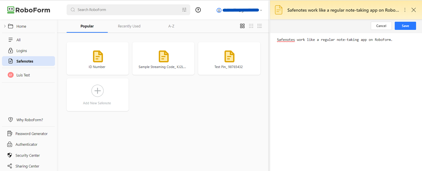 RoboForm’s Safenotes section.