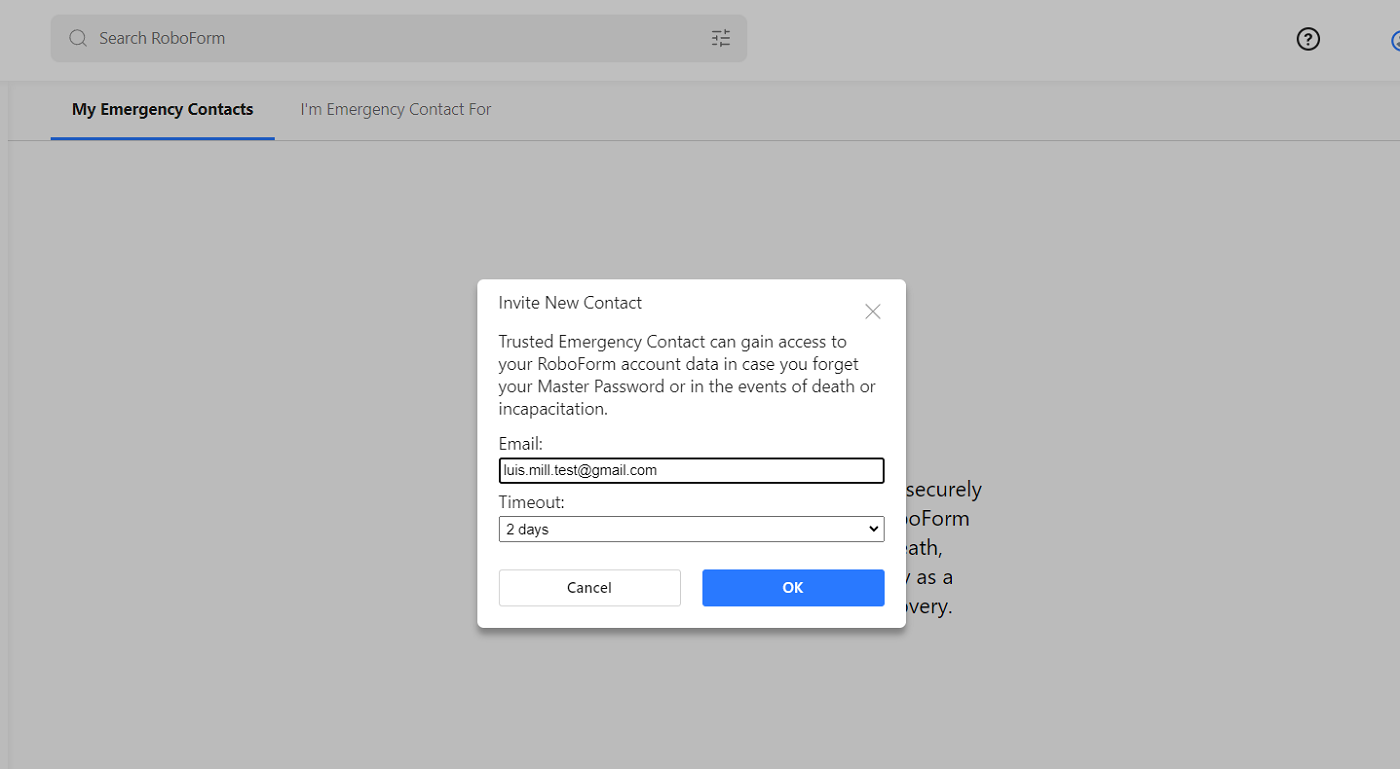 RoboForm emergency contact option.