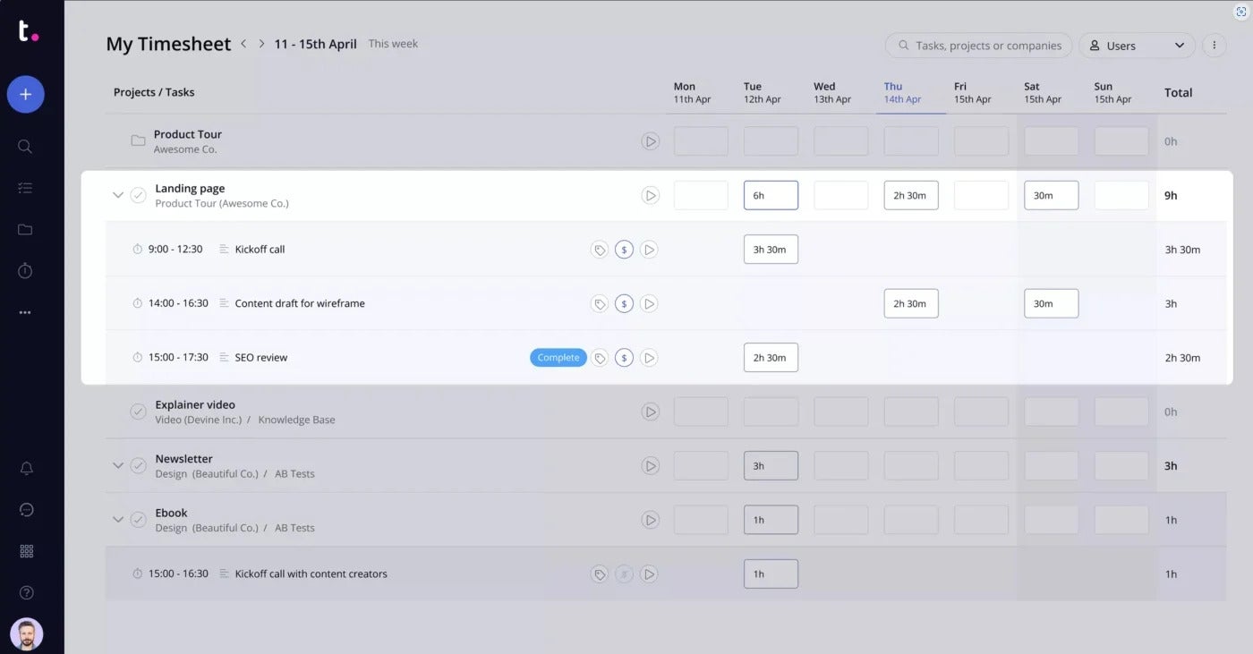 A time sheet in Teamwork showing its time tracking capabilities.