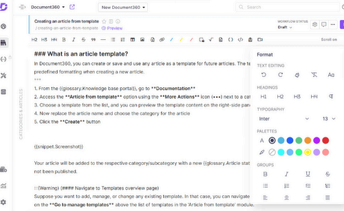 Markdown editor in Document360.