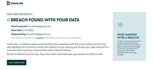 Dashlane dark web scan results.