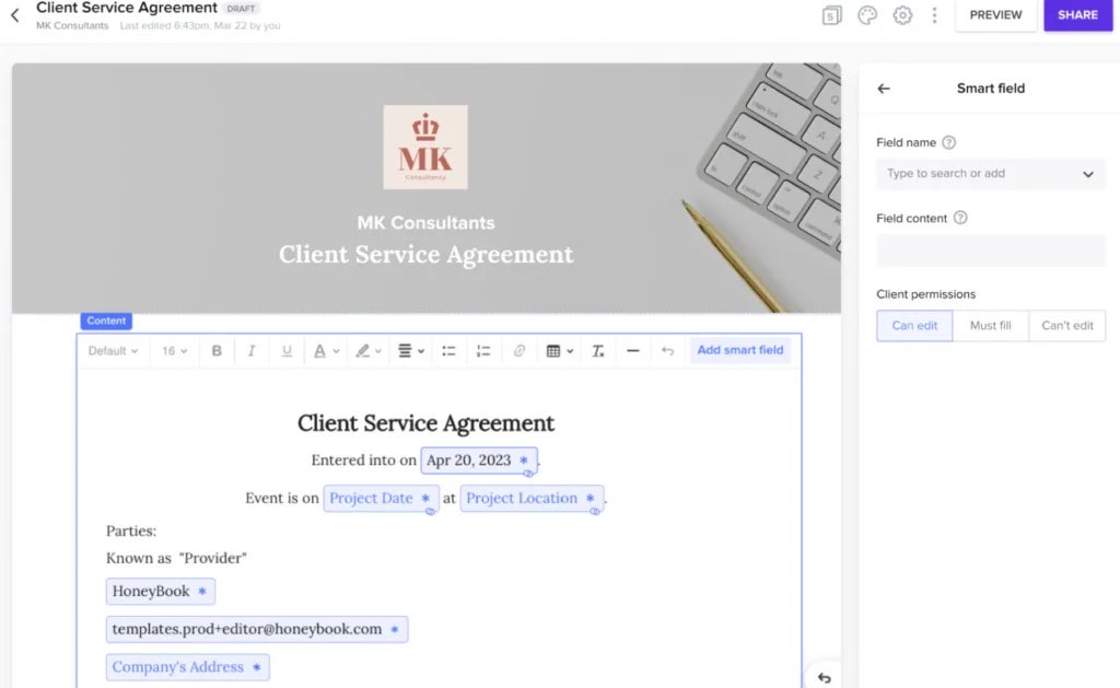 Drafting of an online contract in Honeybook.