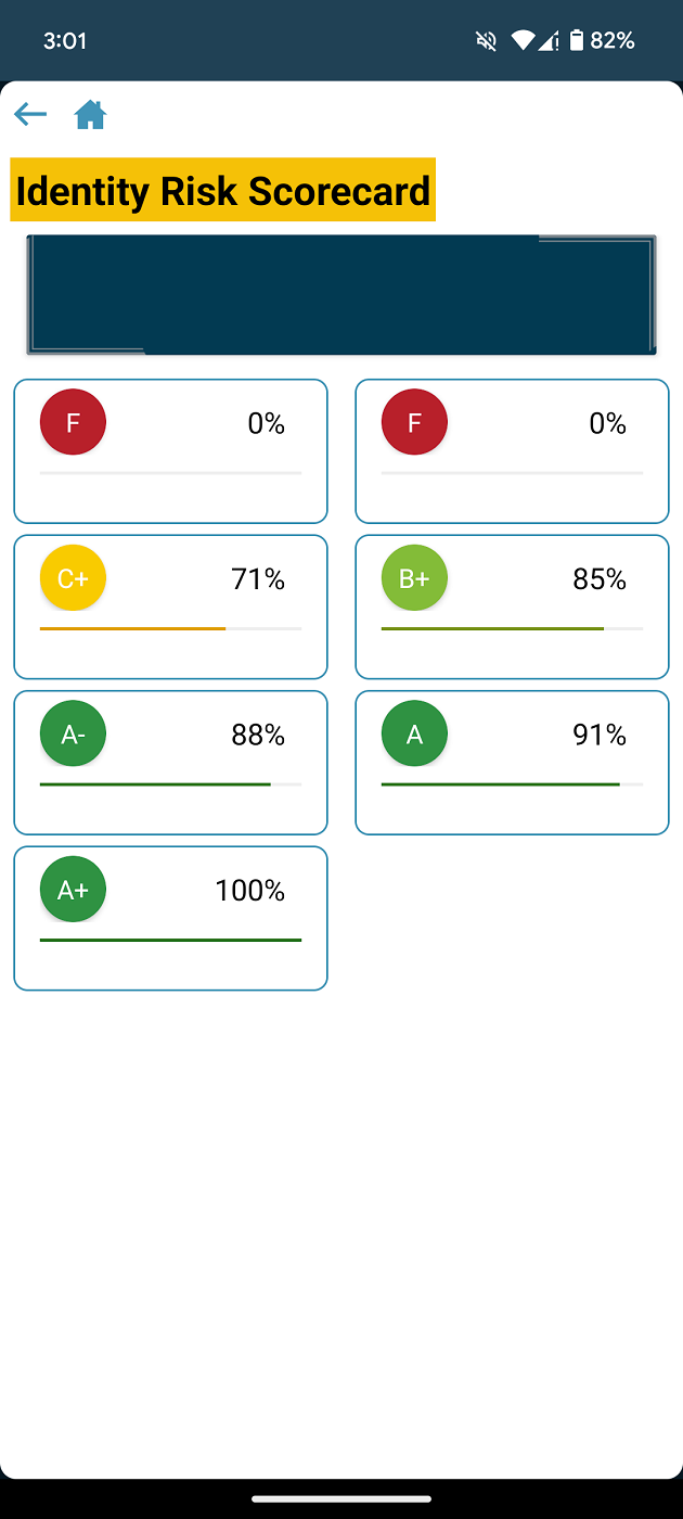 Incomplete identity scorecard on LogMeOnce Android.