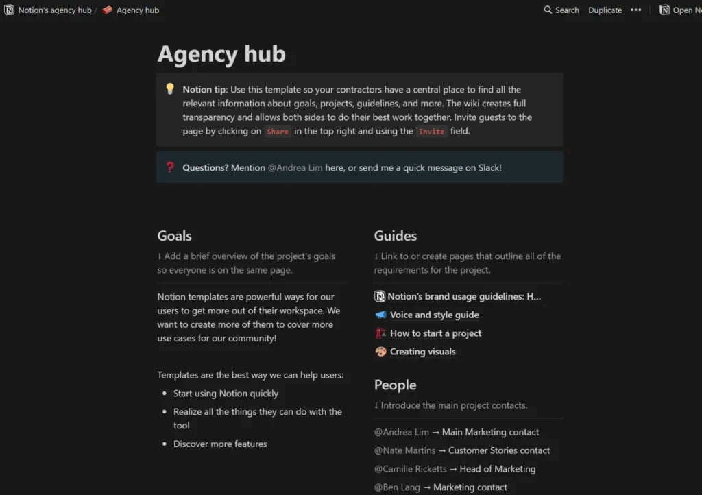 One of the agency management templates in Notion.