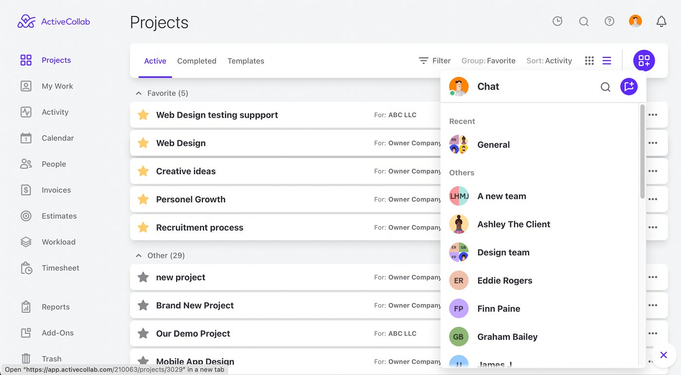 ActiveCollab team chat.