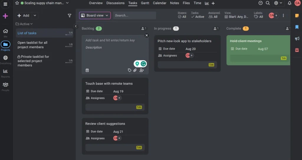 My ProofHub board view for a project.