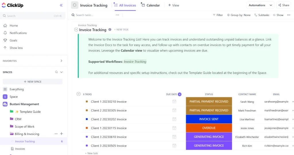 List view of an invoice tracking template in ClickUp.