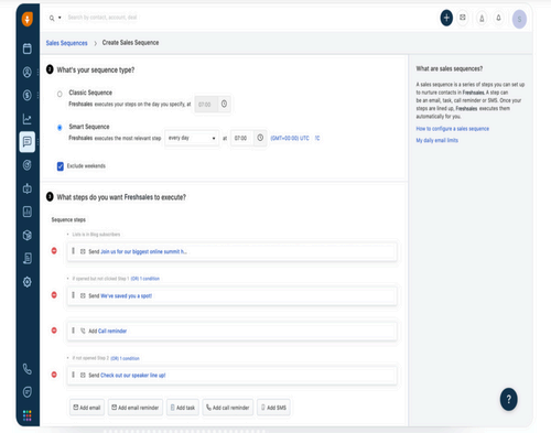 Screenshot of Freshsales sales sequences creation page.