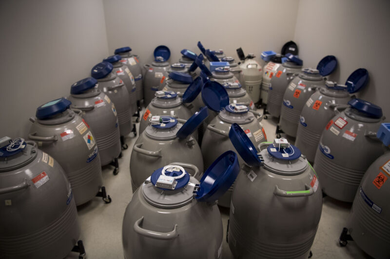 Nitrogen tanks holding tens of thousands of frozen embryos and eggs sit in the embryology lab at New Hope Fertility Center in New York City on December 20, 2017. 