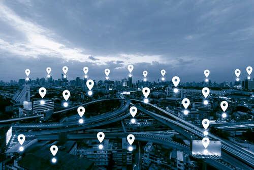 Blue tone city scape and network connection concept , Map pin business district