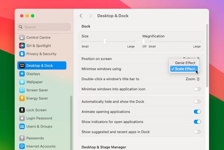 The System Settings app in macOS Sonoma, showing various settings for the desktop and Dock.