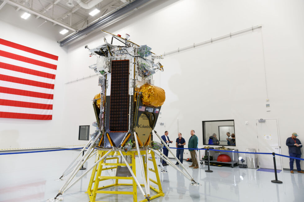 The Nova-C lander, named <em>Odysseus</em>, has solar panels on its sides as well as at the top of the vehicle.