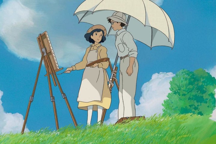 Jiro and Nahoko stand under an umbrella together in The Wind Rises.