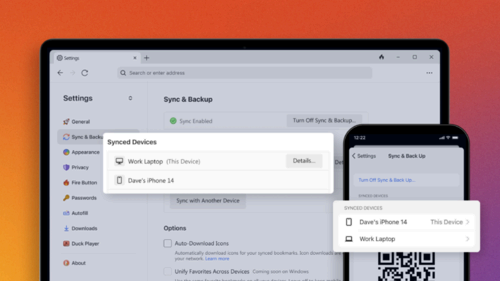 Devices shown as synced between DuckDuckGo browsers