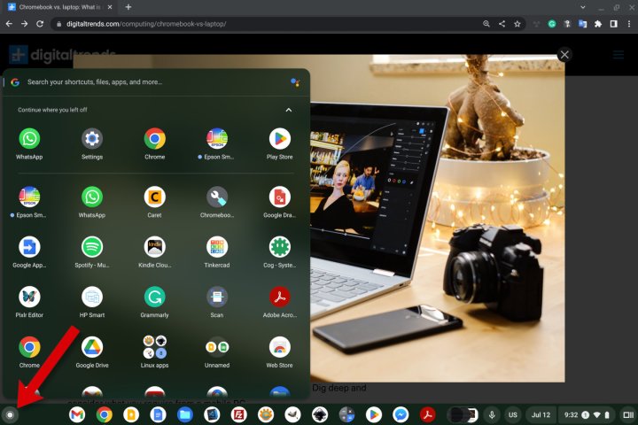 Open the ChromeOS launcher by selecting the button at the bottom left.