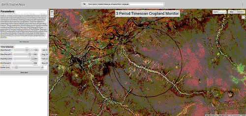 false color image of a 3 Period Timescan Cropland Monitor built with Earth Engine Apps