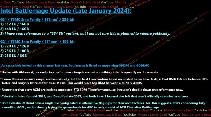 A slide from Moore's Law Is Dead, talking about Intel Arc Battlemage, Celestial, and Druid.