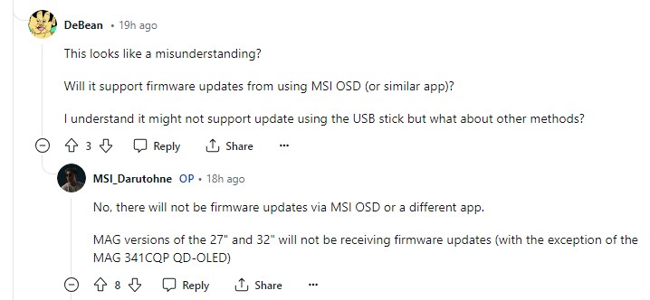 A screenshot from Reddit talking about MSI monitors.