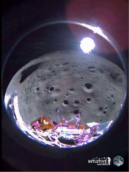 Odysseus captured this image approximately35 seconds after pitching over during its approach to the landing site. The camera is on the starboard aft-side of the lander in this phase 