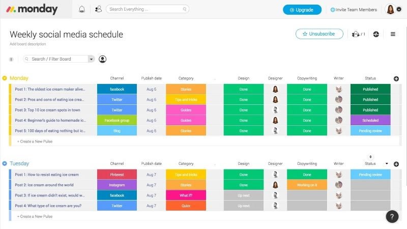 monday work OS weekly social media schedule dashboard