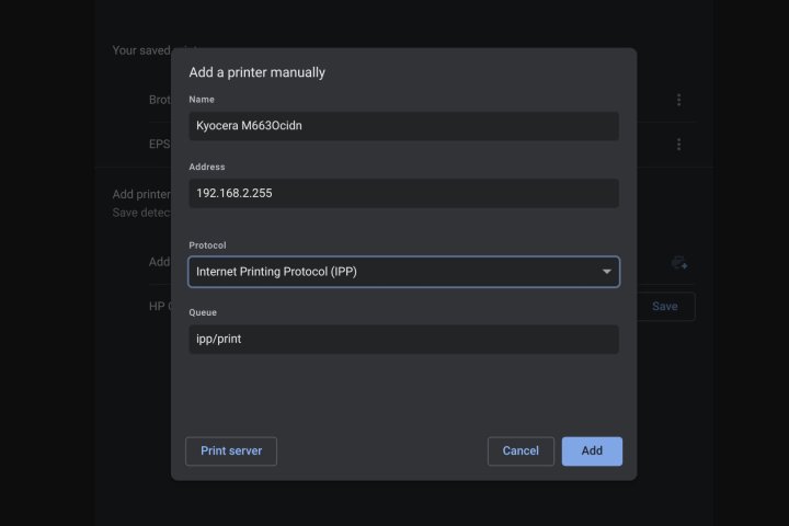 Select Add printer to manually enter the IP address and protocol.