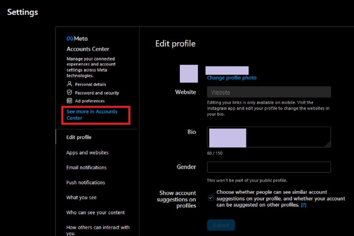 Selecting See more in Account Center on the Instagram website.