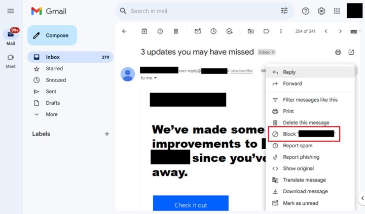Selecting the Block option on the Gmail desktop website.
