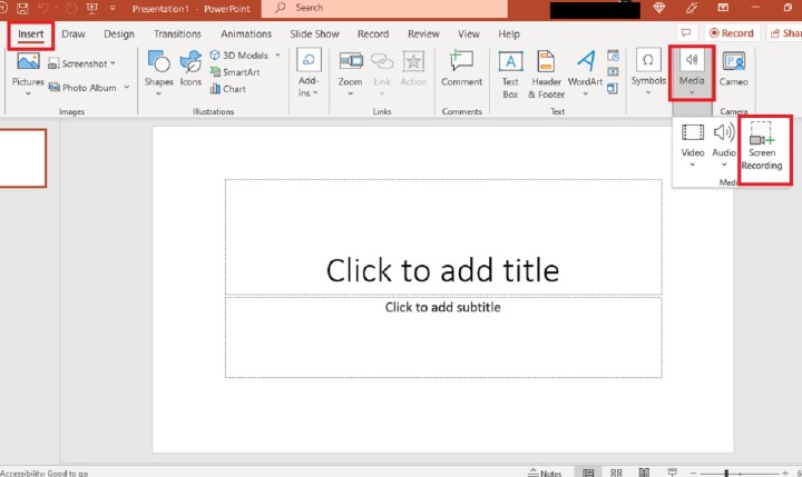 Selecting the Screen Recording option in PowerPoint.