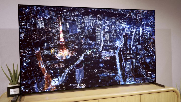 An aerial view of a skyline at night on a Sony A95L.