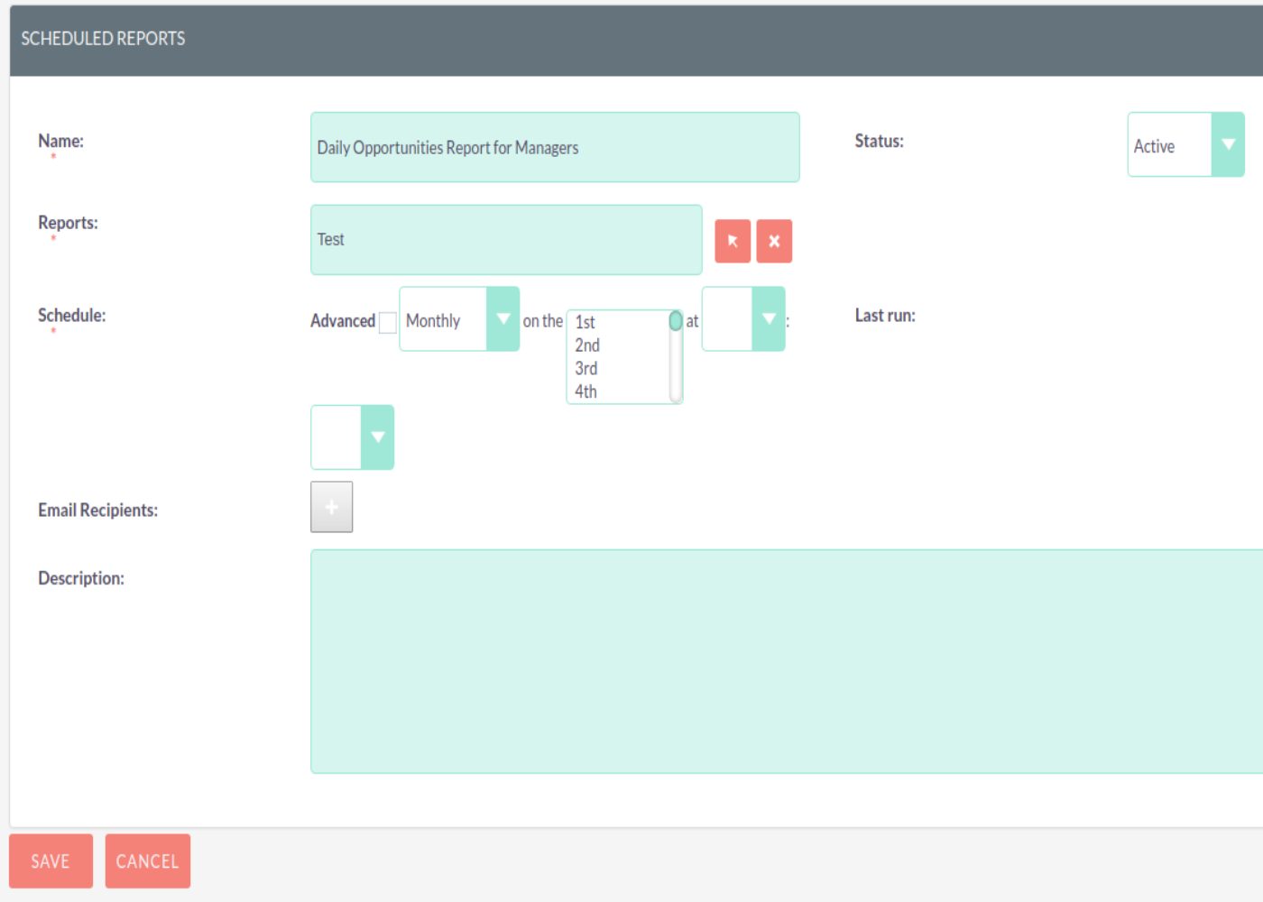 Screenshot of SuiteCRM's report scheduling feature.