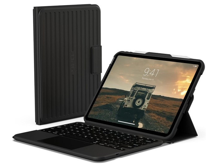 The UAG Rugged Bluetooth Keyboard with an iPad.