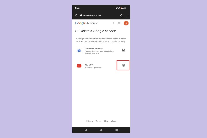The Delete a Google service screen on Android.