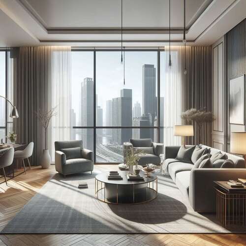 A modern apartment living room in a metropolis in the mid-afternoon.