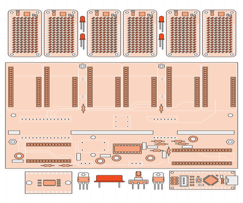 A printed circuit board surrounded by components including LED display matrices, a nano microcontroller, and a rotary controller.