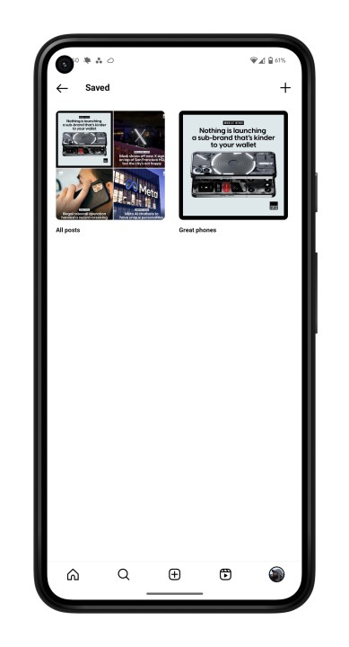 The Collections and Saved screen in Instagram.