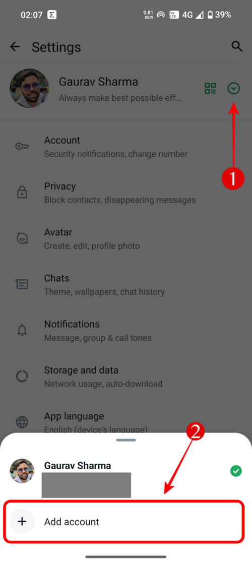 Tap on Add Account from the drop-down menu on your WhatsApp Profile Page.