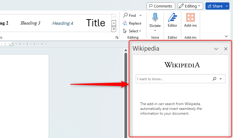 Word document open with the add-in pane on the right.